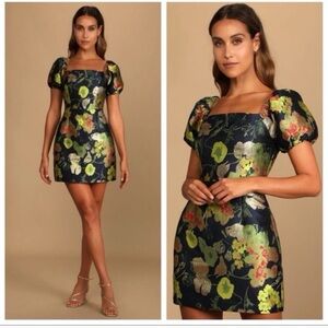 Lulus So Stunning Navy Blue Floral Jacquard Puff Sleeve Mini Dress S
